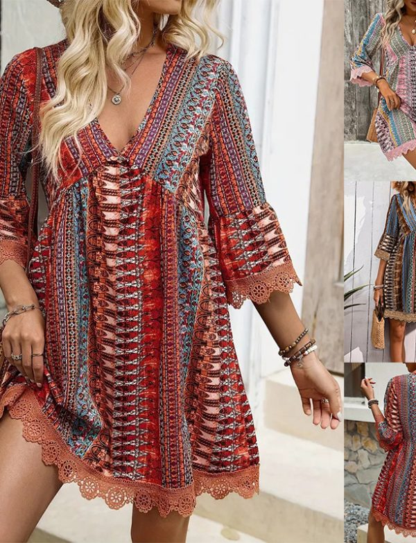 Bohemian Style V-neck Printed Dress Fashion Casual Loose Beach Dresses For Women